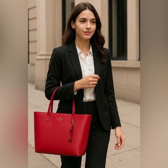 Kate Spade New York Red Leather Tote Bag BNWOT Structured Work Tote - Picture 2 of 16